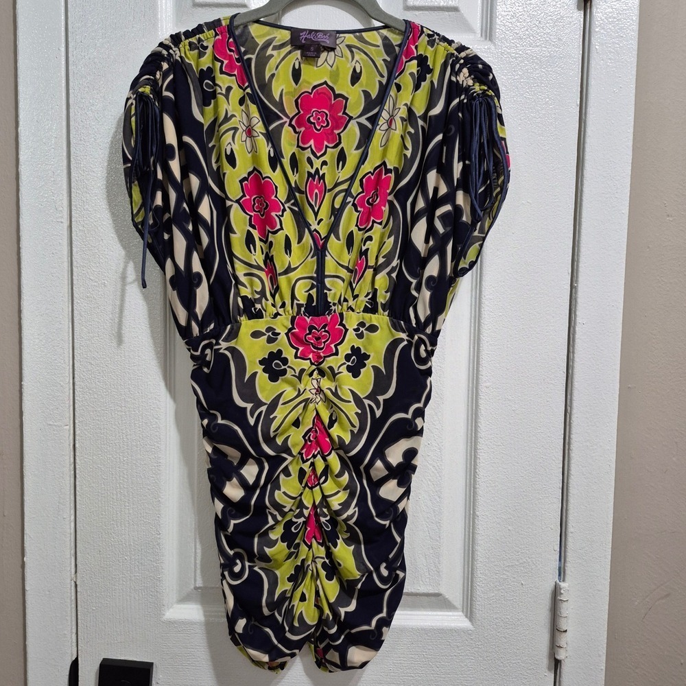 Hale Bob Floral Mesh Ruched V-Neck Dress Navy Pink Lime Womens Small